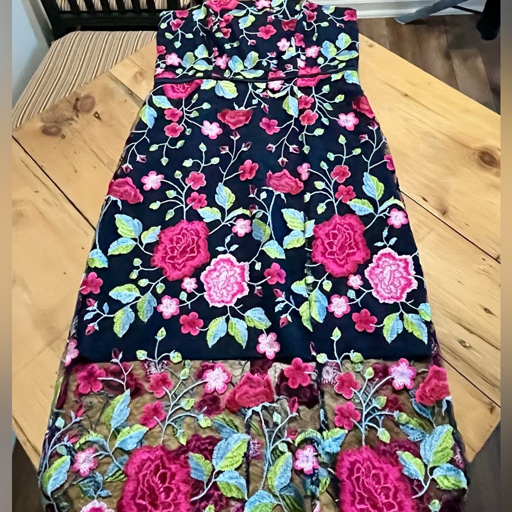 NWT - SAM EDELMAN Peony Embroidery Midi Slit Dress - navy blue, dark pink party - Picture 4 of 9